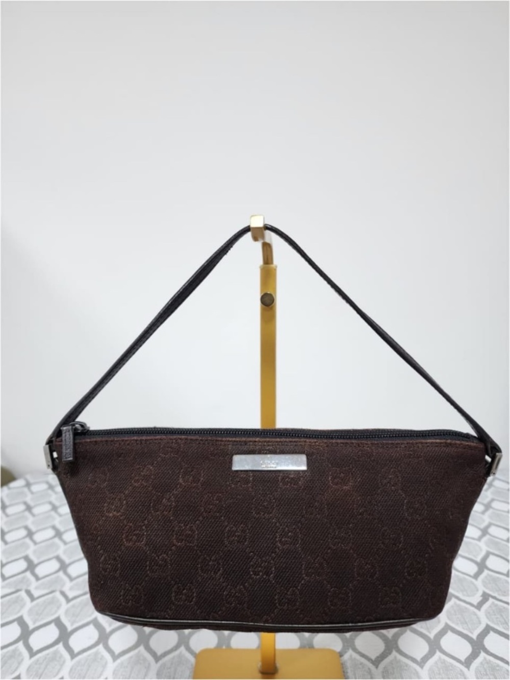 Authentic GUCCI Denim Monogram Boat Pochette Brown